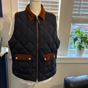 Women’s Navy Blue Quilted Vest with Brown Accents